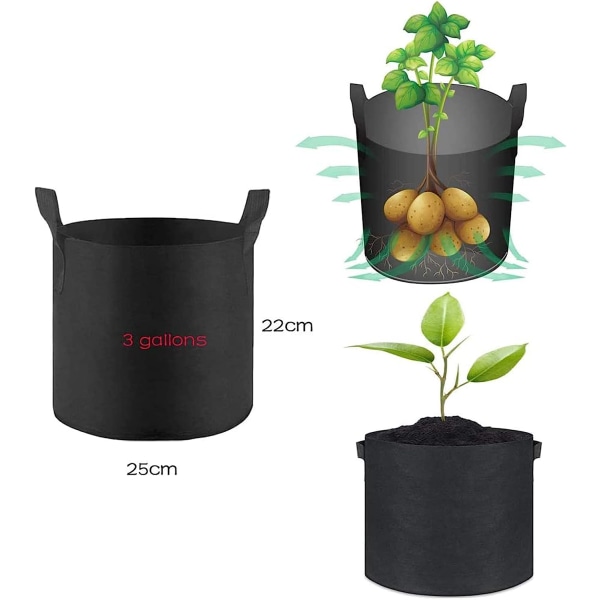 Planteringspåse i fibertyg, andningsbar, mjuk, återanvändbar på sidan - Odlingspåse för tomater, blommor, växter och mer (3 gallon)
