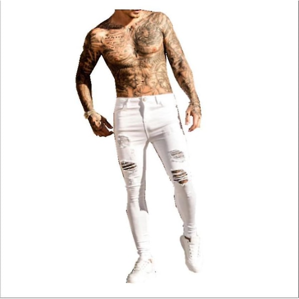 Jeans med riflet knehull for menn White XL