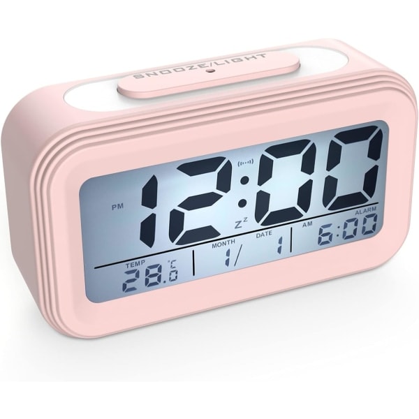 Digital väckarklocka Morgonväckarklocka, tyst batteridriven digital väckarklocka för barn Vuxna Stor LED-display Temperaturkalender, rosa