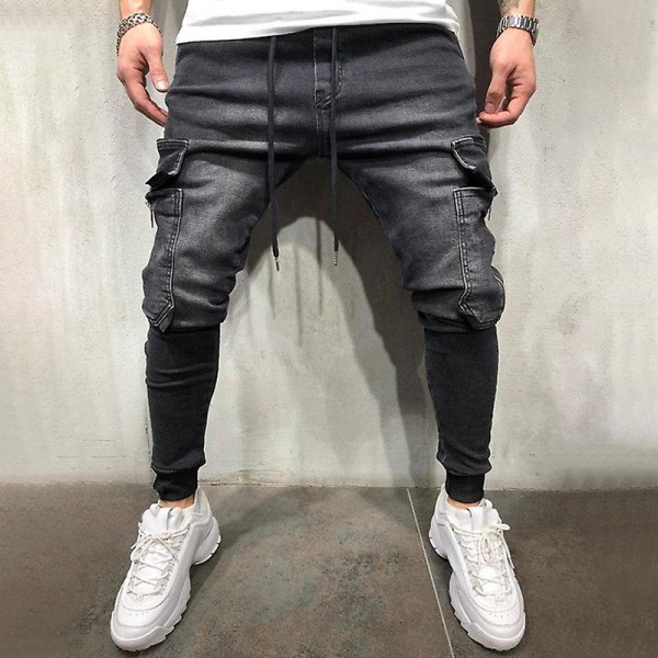 Ensfargede jeans med snøring for menn med glidelåslommer Skinny bukser Black S