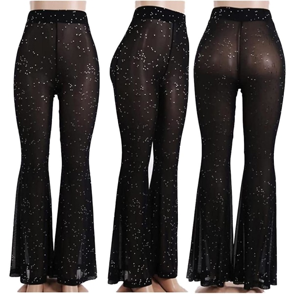 Women's Sheer Mesh Sparkly Pants Bell Bottom Rave Outfit Clothes For Dance Clubwear CMK M