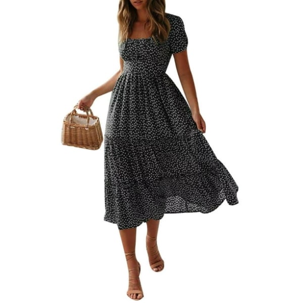 Hot Women's Short Sleeve Floral Print Summer Casual Mid Length Swing Dress