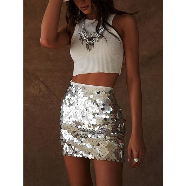 【Tricor-butik】 Minikjol med hög midja Disco Paljett Bodycon Kjol Silver L