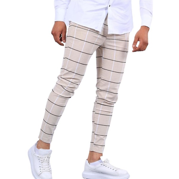 Miesten ruudullinen Casual Chinos -työhousut Slim Fit Skinny Business -muodolliset housut CMK Khaki S