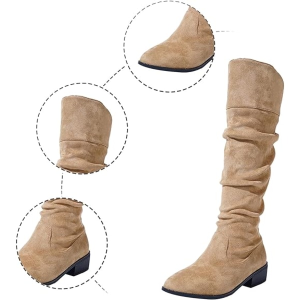 【Tricor-butikk】 Imitert semsket skinn, bred leggkne, høy lav blokkhæl, påtrekkbare cowboystøvler med spiss tå Khaki 39