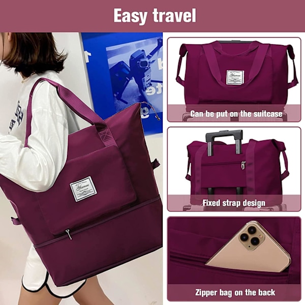 Stor sammenklappelig rejsetaske, let og vandtæt håndbagage med fast rem, tør og våd separation sammenklappelig rejse navy purple