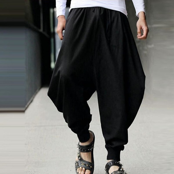Solid elastisk løs bukser med snøring for menn Black M