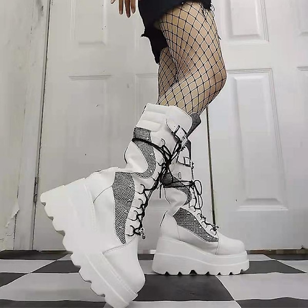 Platformstøvler damer Spænderem Punk Goth Støvle Dame Gotiske Snøresko Sz Hvid White EU 35.5