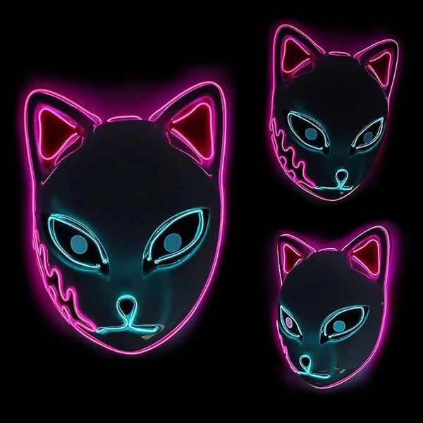 SINSEN Demon Slayer Fox Mask LED Cosplay Cat Mask Japansk anime Halloween kostym rekvisita för barn Vuxna Pink