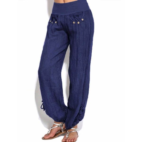 Women Casual High Waist Solid Color Button Yoga Harem Pants CMK Blue 2XL