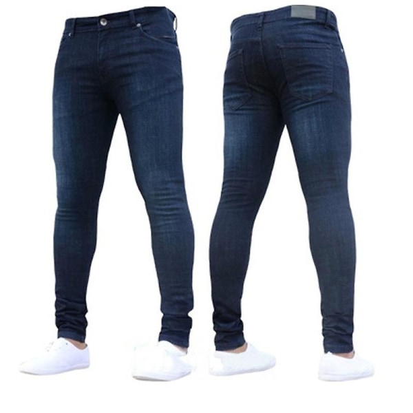 Men's Plain Jeans With Pockets Denim Skinny Trousers Navy Blue XL