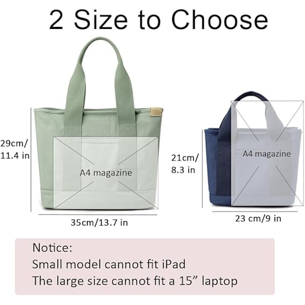 Multi-Pocket Tote Bag med dragkedja, Canvas Handgjord Handväska med fack, Multifunktion Satchels Bag för kvinnor Damer Univisity Skola Arbete Resor Black - Medium