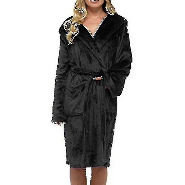 2025 Vinterfleece morgenkåbe Dame morgenkåbe Hætte Fluffy Håndklædebeklædning Badekåbe Sort Black Black L