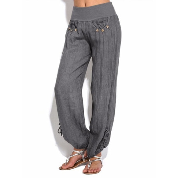 Women Casual High Waist Solid Color Button Yoga Harem Pants CMK Grey 2XL