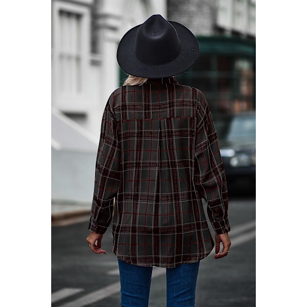 Rutete langermet skjorte dame Button Down ullblanding tynn jakke Casual blusetopper med lomme Black Black M