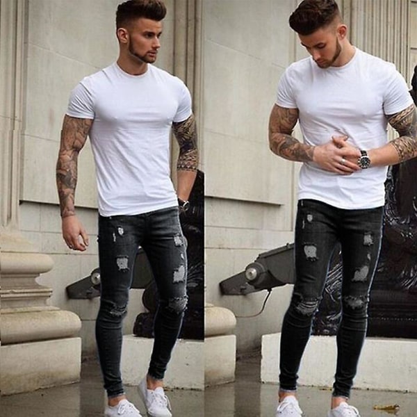 Mens Skinny Ripped Jeans Denim Frayed Distressed Trousers Black S
