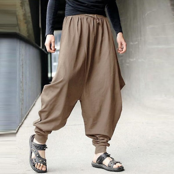 Men's Solid Elastic Drawstring Loose Pants Khaki M