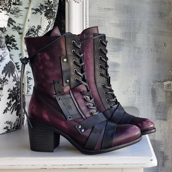 Women's Retro Mid Martin Leather Boots Purple 37