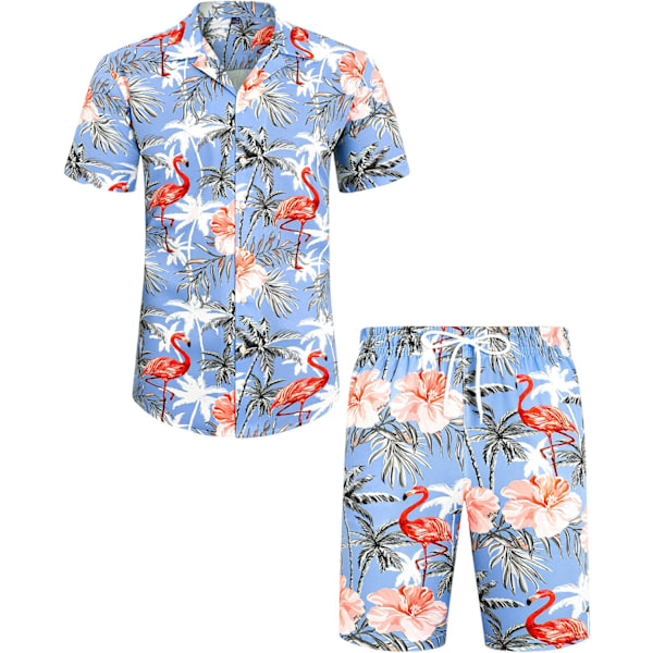 Miesten Havaiji-paita ja shortsit, normaali istuvuus, lyhythihainen, rento, funky ranta flamingo-paitasetti M M Blue Flamingo Palm