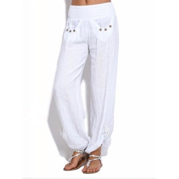 Women Casual High Waist Solid Color Button Yoga Harem Pants CMK White XL