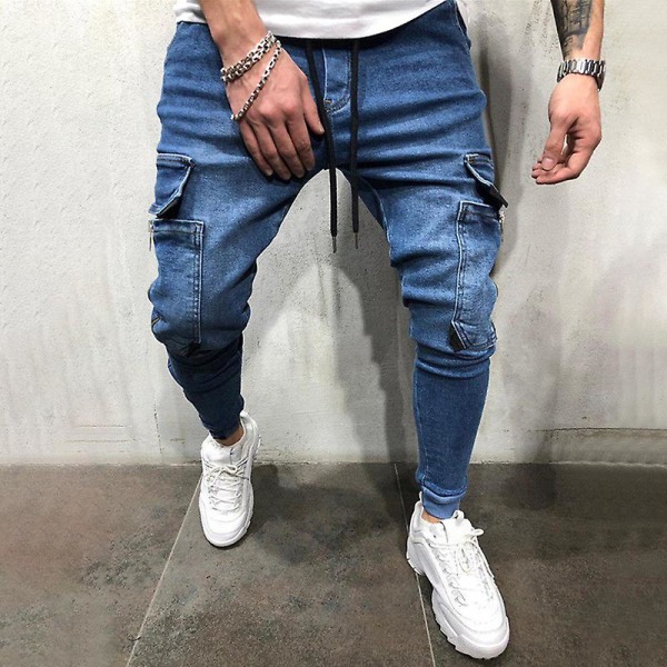 Ensfargede jeans med snøring for menn med glidelåslommer Skinny bukser Blue M