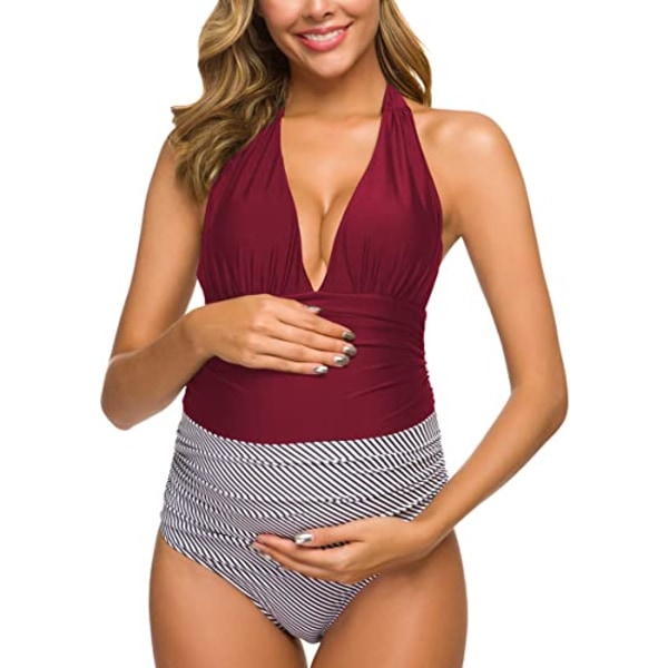 One Piece Gravid Badedrakter Stripe Halter Badetøy Dyp V-hals Red M