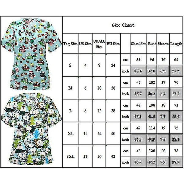 Christmas Women Nursing Uniform Scrub Short Sleeve T-shirt Xmas Blouse Tee Tops CMK Cups Green XL