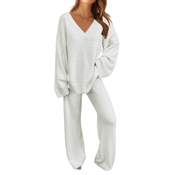 Kvinnors 2-delade outfits Fuzzy Fleece Pyjamas Set Långärmad Loungewear White White XL