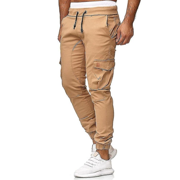 Men Elastic Waist Cargo Pockets Trousers Slim Fit Sport Combat Cuffed Pants CMK Khaki M