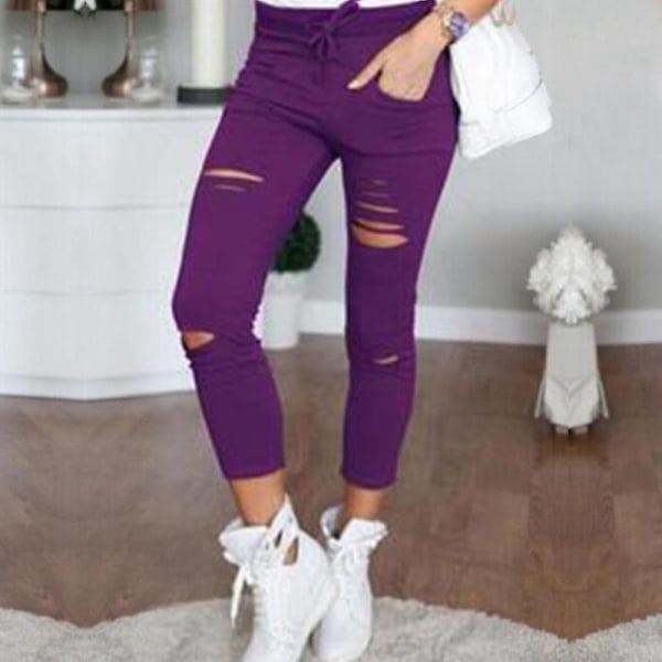 Ladies Ripped Stretch Skinny Jeans Purple S