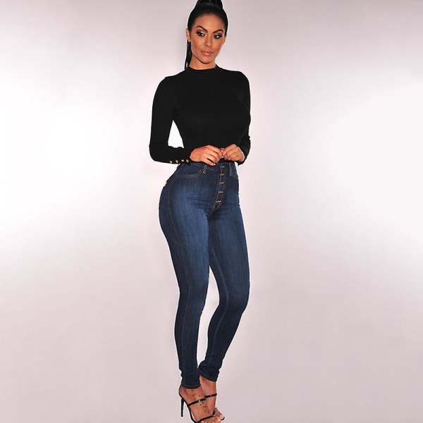 Women's High Waist Slim Button Jeans Dark Blue 3XL