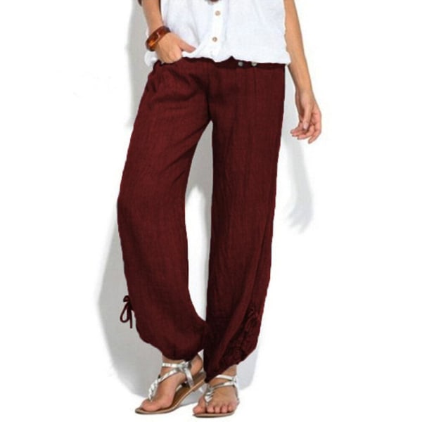 Kvinner Casual Høy midje Ensfarget knapp Yoga Harem Bukser CMK Wine Red XL