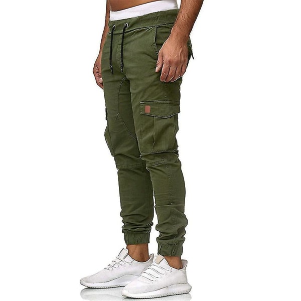 Men Drawstring Cargo Pants Multi Pockets Sports Combat Slim Fit Casual Work Cuffed Trousers CMK Army Green L