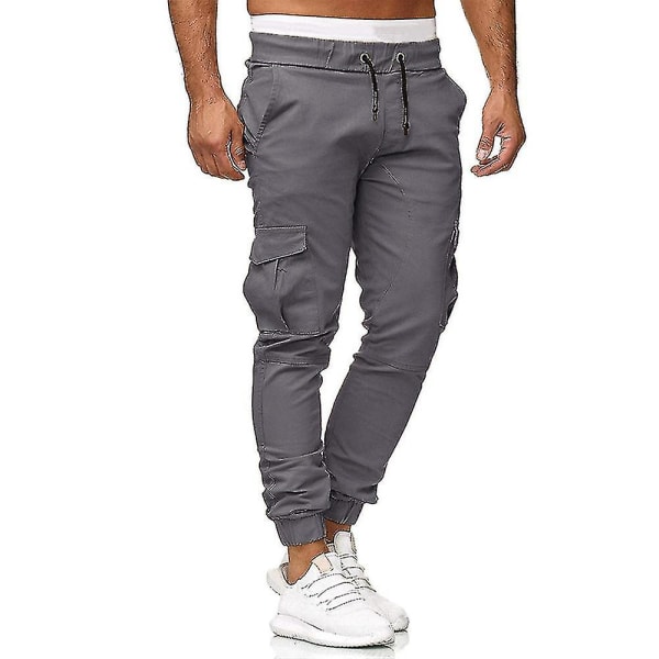 Men Elastic Waist Cargo Pockets Trousers Slim Fit Sport Combat Cuffed Pants CMK Grey XL