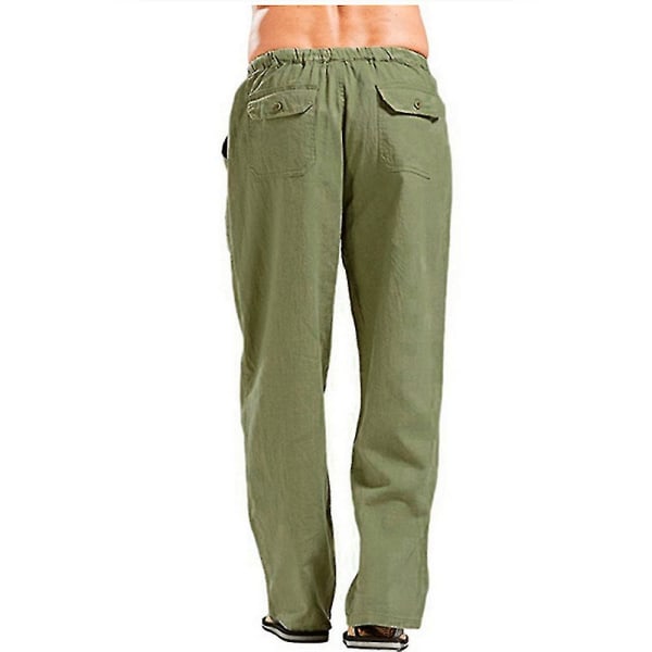 Men's Cotton Linen Pants Summer Solid Color Breathable Linen Trousers Male Casual Elastic Waist Fitness Pants CMK ASIAN 4XL Military green