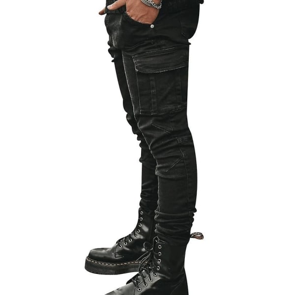 Men's Straight Slim Fit Comfort Skinny Biker Denim Pants CMK black L