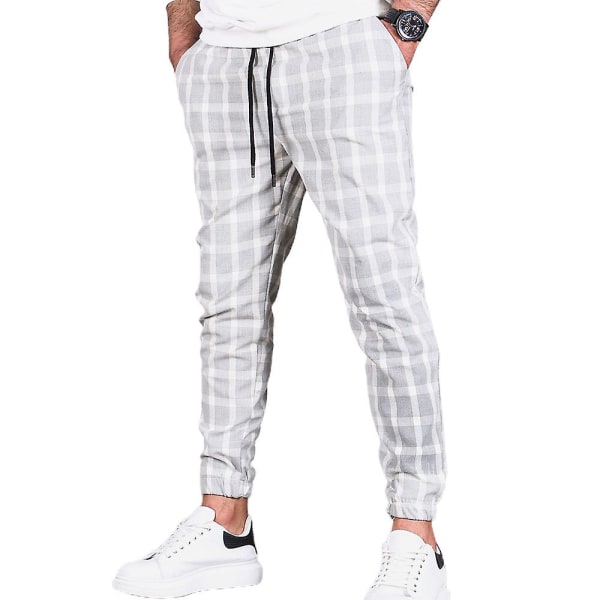 Men's Drawstring Elastic Waist Plaid Pants Light Grey 2XL