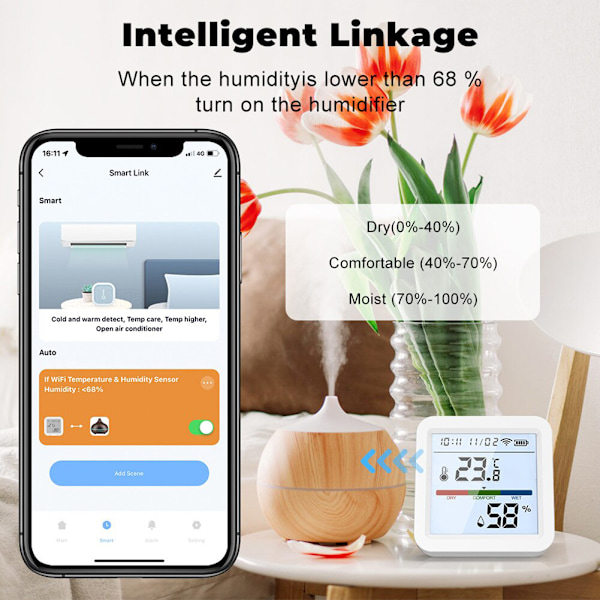 Smart WiFi Temperatur- og luftfuktighetsmåler Slitesterk Komfortabel temperatursensor for kontor og hjem