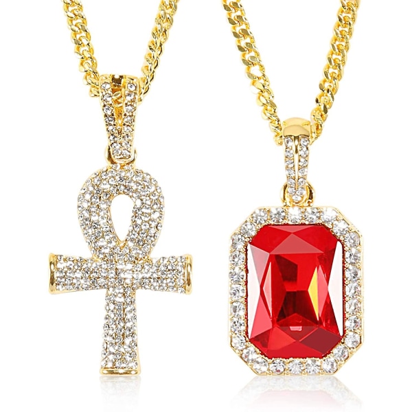 Men Hip Hop Jewelry Set 18k Gold Plated Iced Out Cz Ruby Ankh Cross Pendant Stainless Steel Cuban Chain Necklace CMK