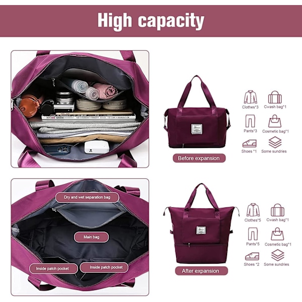 Stor sammenklappelig rejsetaske, let og vandtæt håndbagage med fast rem, tør og våd separation sammenklappelig rejse navy purple