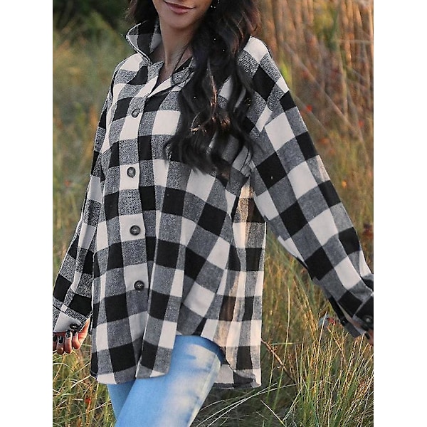 Rutete langermet skjorte dame Button Down ullblanding tynn jakke Casual blusetopper med lomme Black and White Black and White M
