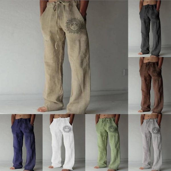 Men's casual cotton and linen trousers khaki 4XL