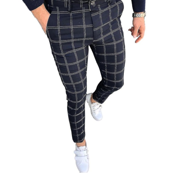 Herre Ternet Plaid Chino Arbejdsbukser Casual Business Formel Skinny Slim Fit Smart Trousers CMK Dark Blue 2XL