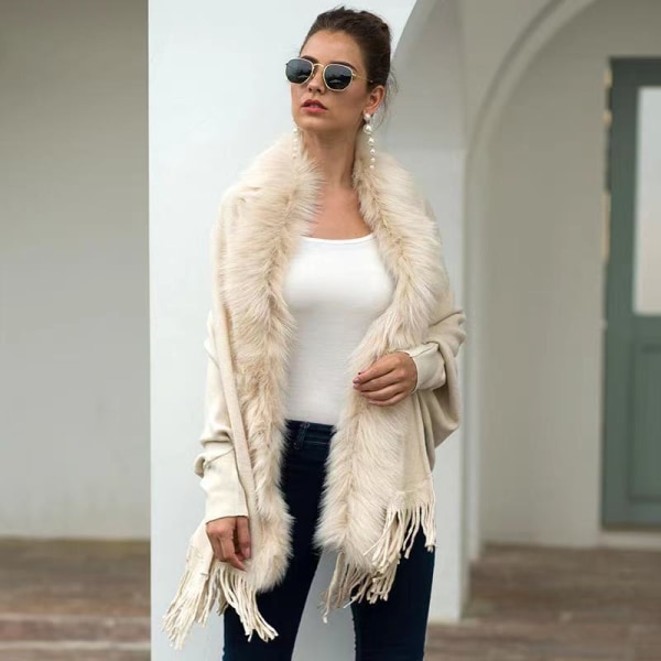 Women's plus size tassel knitted fur collar shawl poncho beige