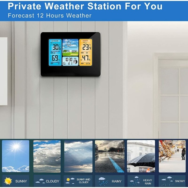 Trådløs vejrstation, temperaturbarometer Digital indendørs udendørs temperaturbarometer med udendørs vækkeur med barometrisk tryk (sort)