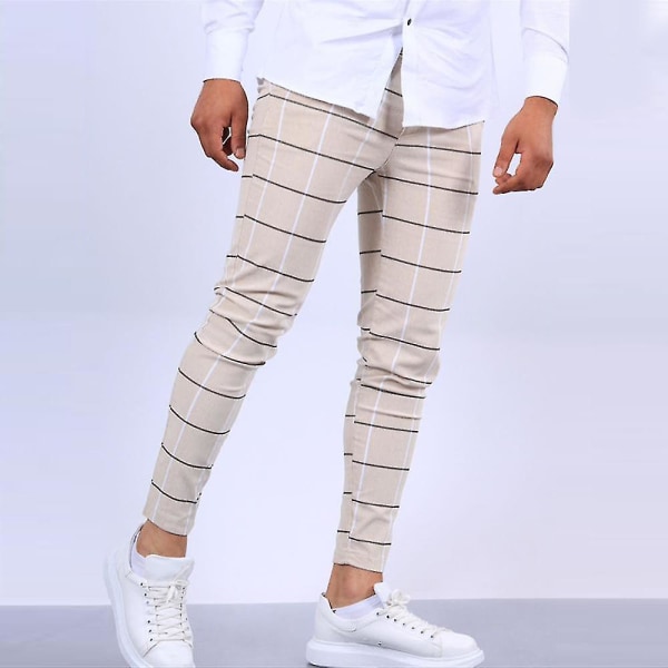 Miesten ruudullinen Casual Chinos -työhousut Slim Fit Skinny Business -muodolliset housut CMK Khaki S