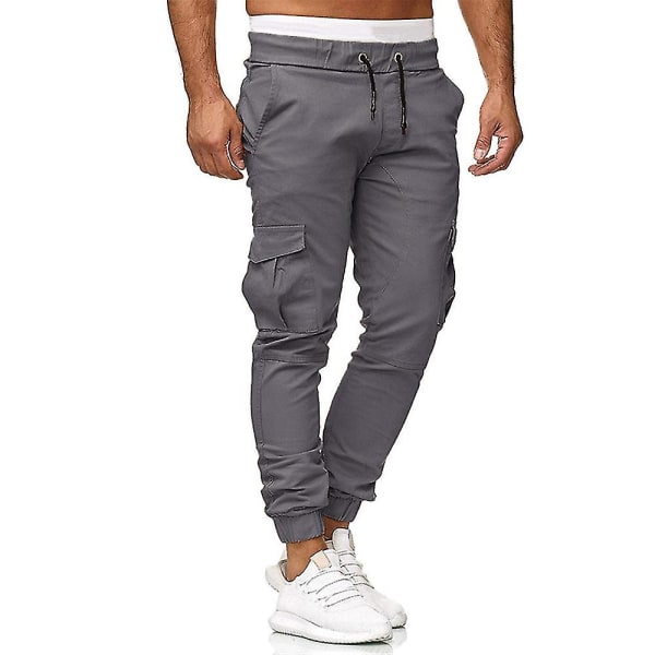 Men Drawstring Cargo Pants Multi Pockets Sports Combat Slim Fit Casual Work Cuffed Trousers CMK Gray L