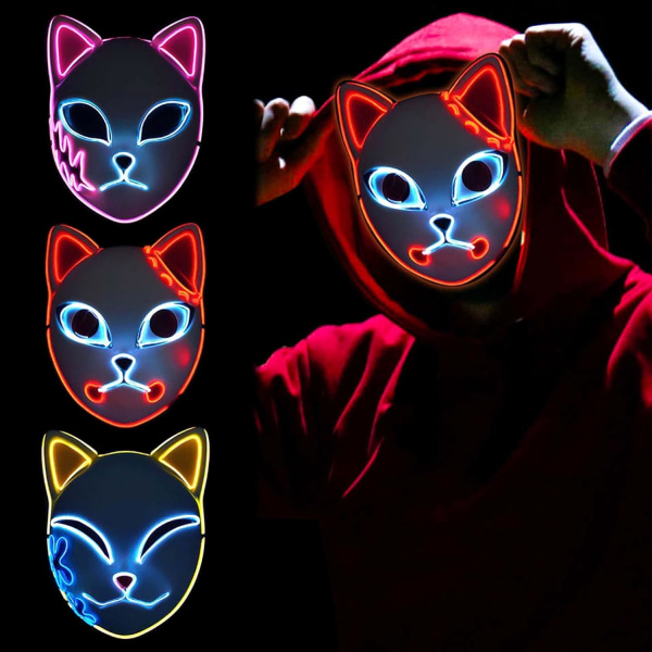 SINSEN Demon Slayer Fox Mask LED Cosplay Cat Mask Japansk Anime Halloween kostyme rekvisitter for barn Voksne 3 Pcs