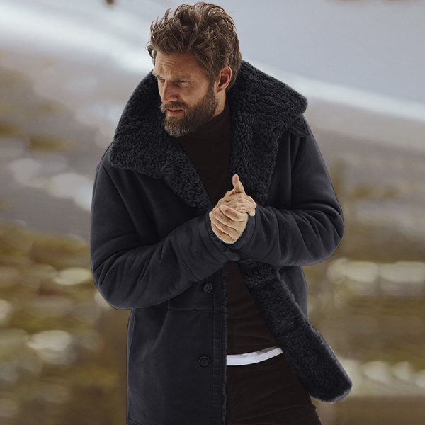 Men's mid-length fur integrated thermal coat coat Black 2XL