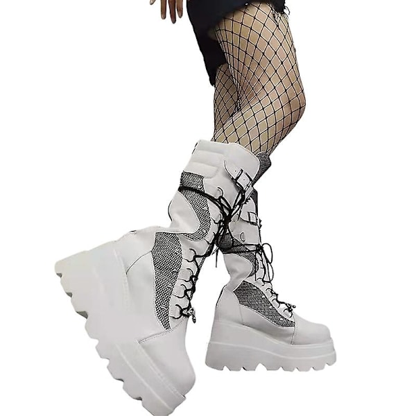 Platformstøvler damer Spænderem Punk Goth Støvle Dame Gotiske Snøresko Sz Hvid White EU 38